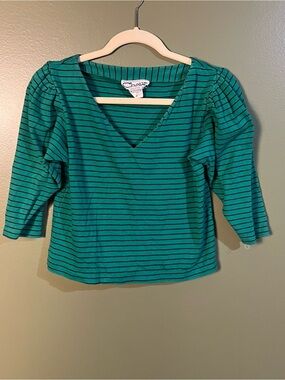 Chaus Teal and Black Striped V-Neck Puff Sleeve Top
